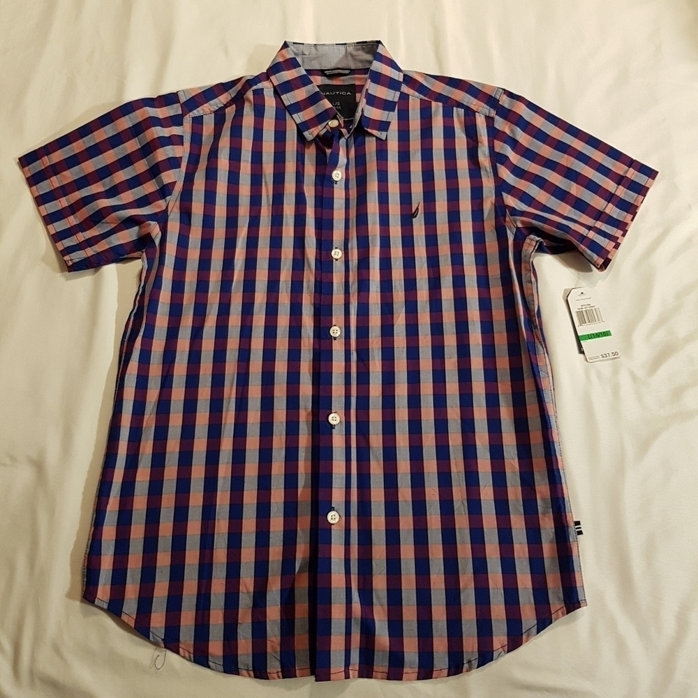 Nautica boys size 14/16 checkered shirt stretch button down NEW
